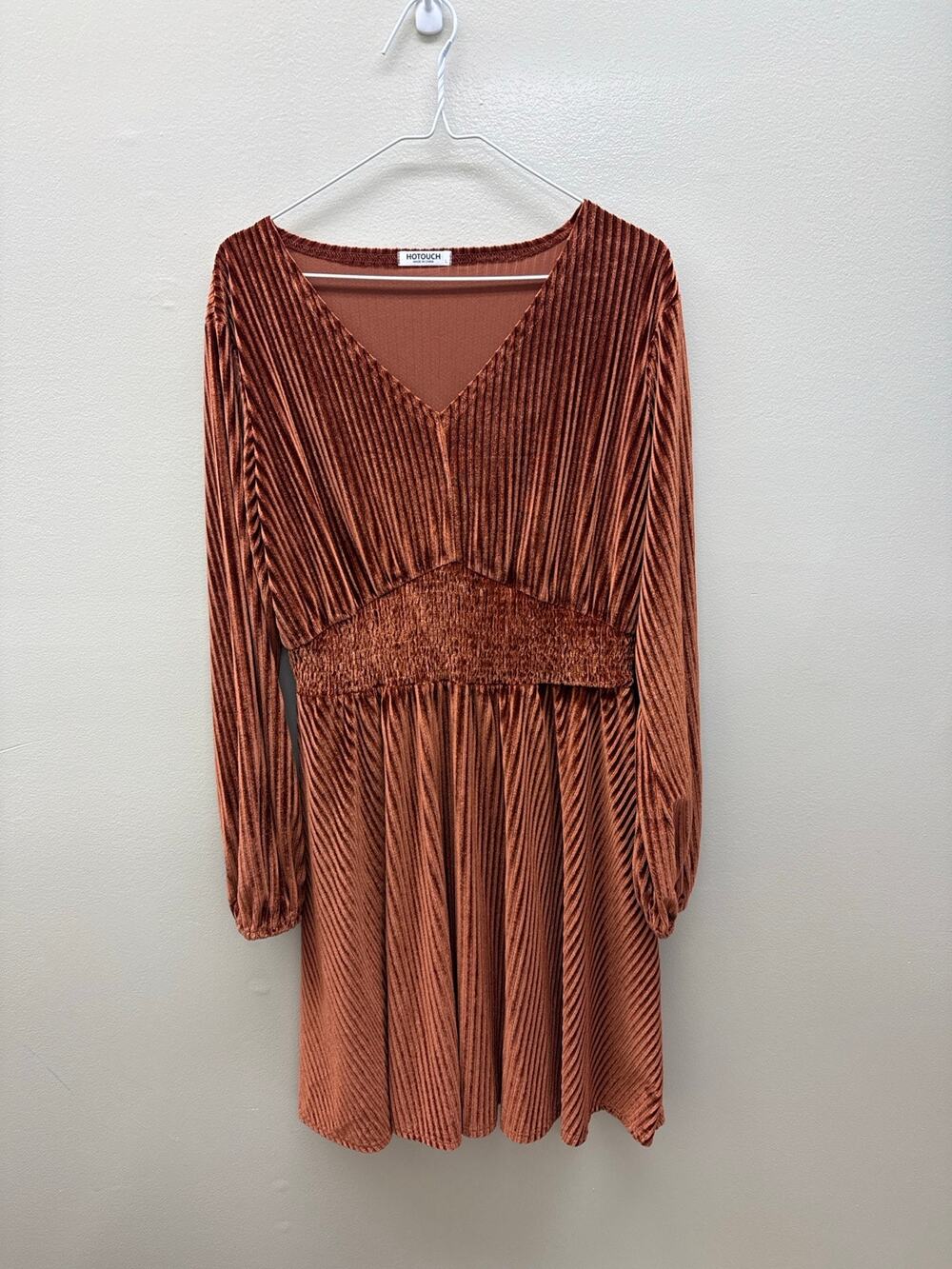 HOTOUCH Velvet Ribbed Dress Rust Brown Long Sleeve | Size L